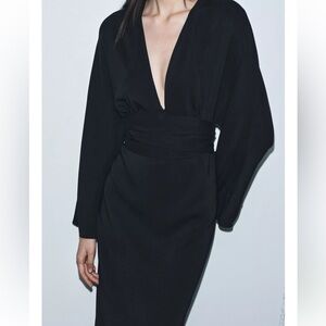 Zara Black Plunge Wrap Long Sleeve Dress